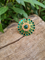 Gold and Green stone work adjustable ring