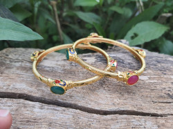 Red and Green stone Gold polished bangles. Size 2.6