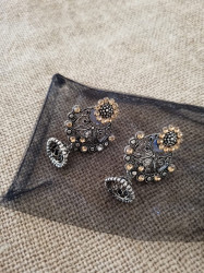 Silver jhumka earrings with Diamante flowers