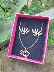 Evil Eye Chain set with Earings Green Diamante